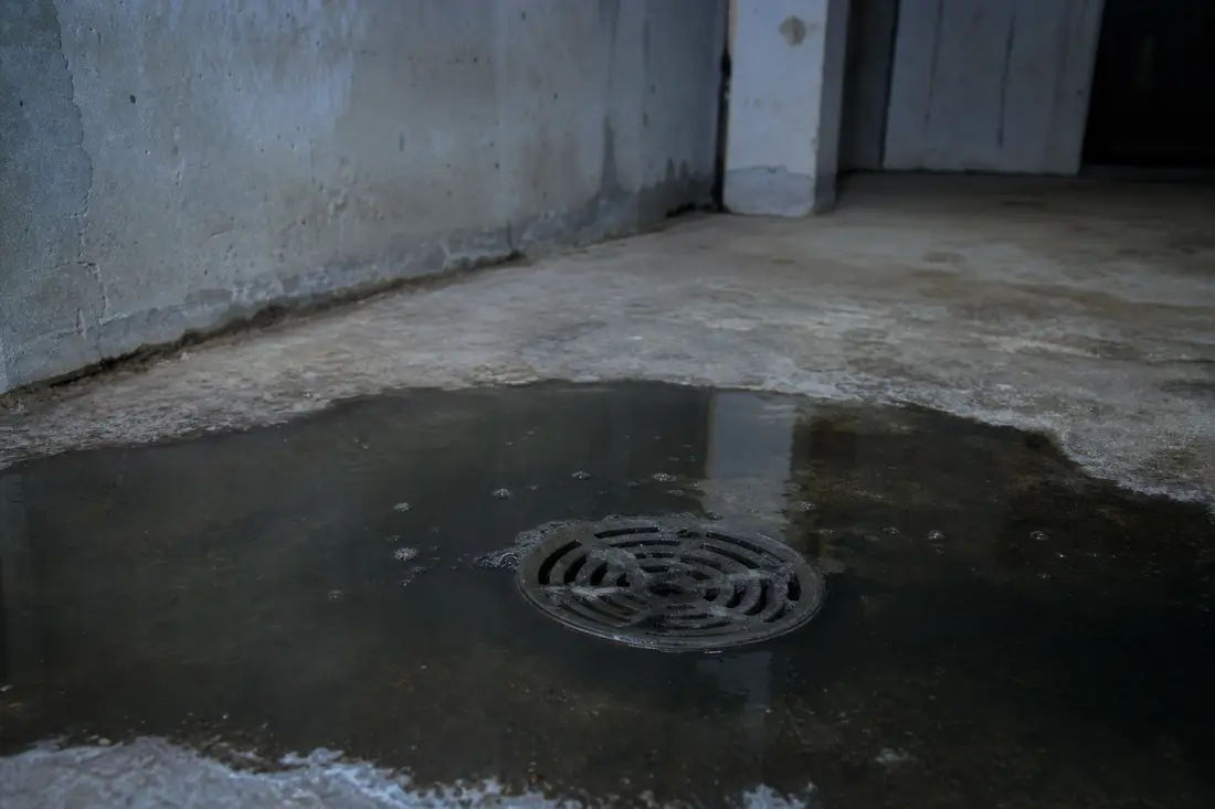 Refoulement d'eaux usées par un siphon de sol dans une cave, signe d'un bouchon situé dans la canalisation principale