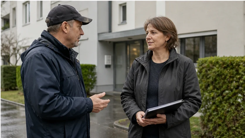 Un échange calme entre une technicienne et une régisseuse devant un immeuble après une averse