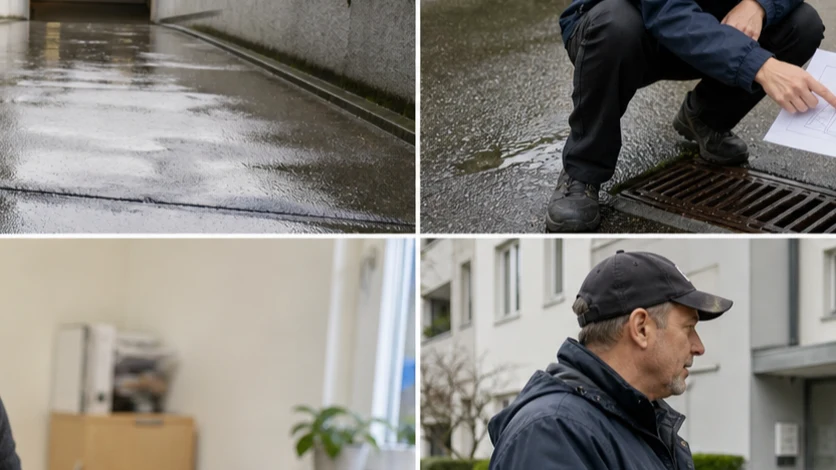 Un concierge photographie à distance une zone humide et note l’heure sur son téléphone