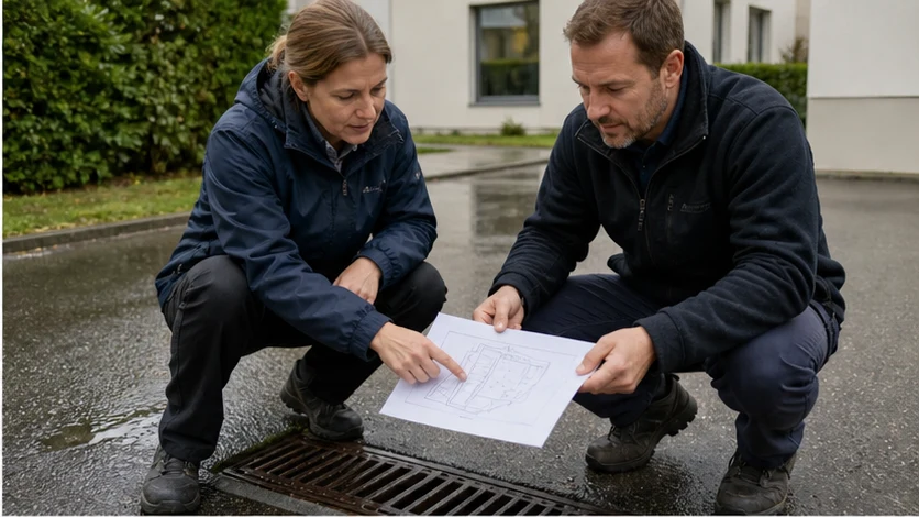 Deux personnes consultent un plan de parcelle à côté d’une rampe de garage