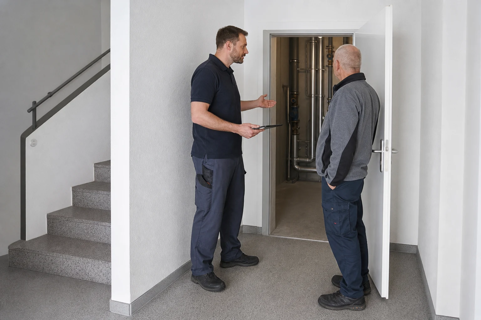 Technicienne discutant avec un concierge près d’un local technique propre