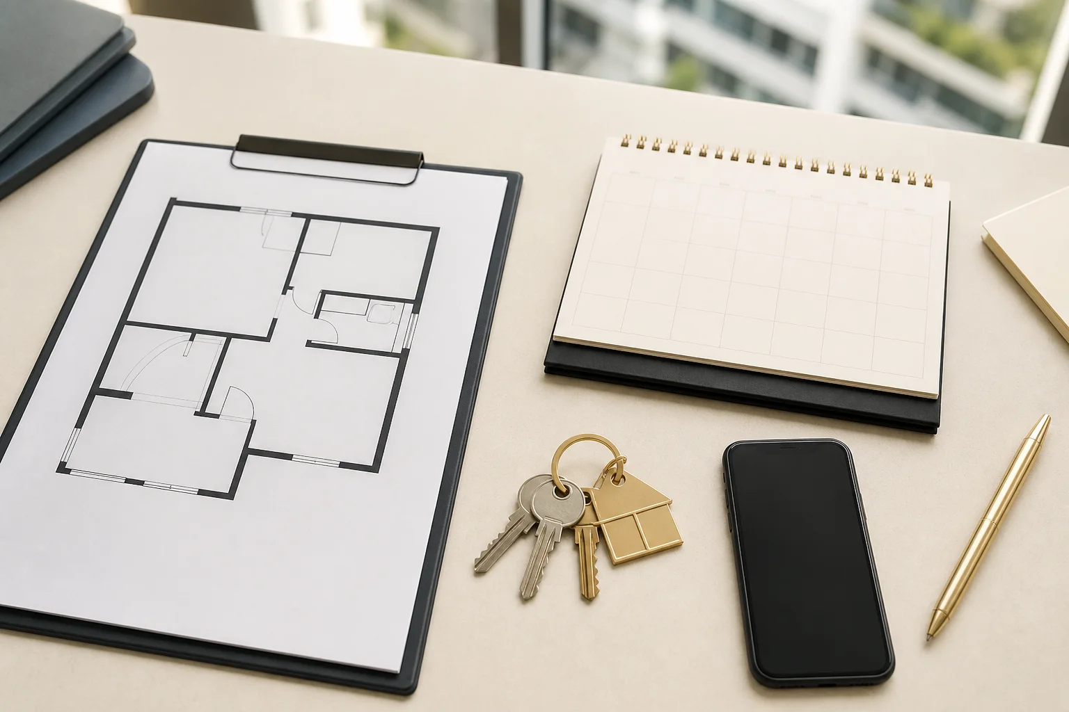 Plan de coordination, clés et dossier de visite posés sur une table