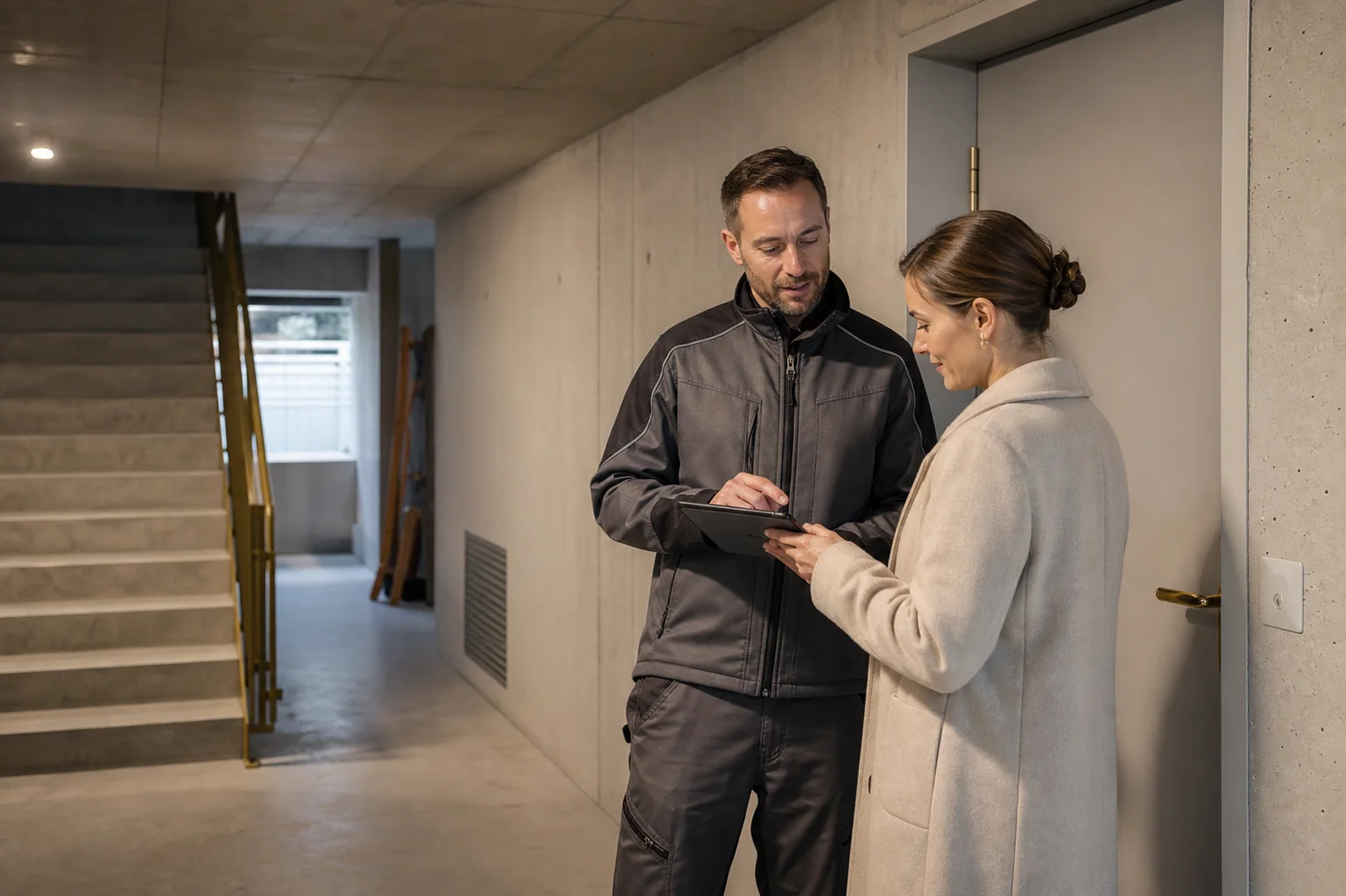 Technicien et gestionnaire concluant une visite de coordination dans un sous-sol d’immeuble